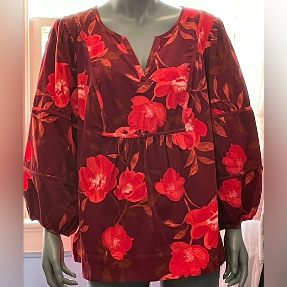 NWT Sonoma Women's Floral 2X Blouse - Burgundy and Red Plus Size Peasant - Picture 1 of 4